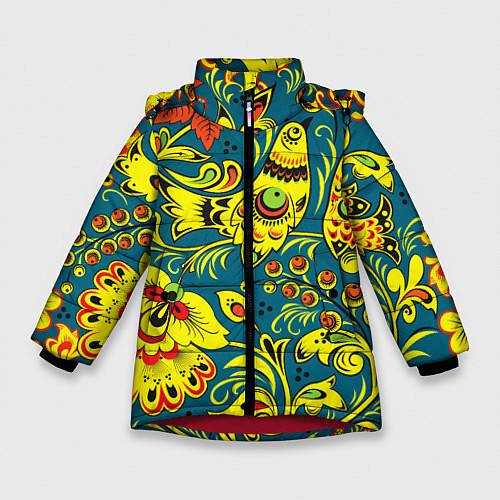 Зимняя куртка для девочки Хохломская Роспись Две Птицы / 3D-Красный – фото 1