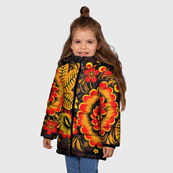 Куртка зимняя для девочки Хохломская Роспись Цветы На Тёмном Фоне, цвет: 3D-красный — фото 2