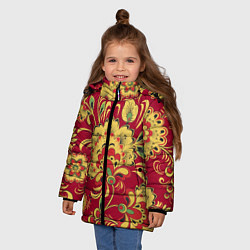 Куртка зимняя для девочки Хохломская Роспись Цветы На красном Фоне, цвет: 3D-светло-серый — фото 2