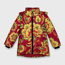 Куртка зимняя для девочки Хохломская Роспись Цветы На красном Фоне, цвет: 3D-красный