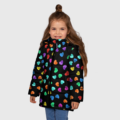 Зимняя куртка для девочки Сердечки разноцветные на черном / 3D-Светло-серый – фото 3