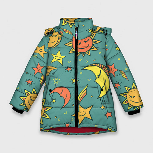 Зимняя куртка для девочки Солнце, Луна и Звёзды / 3D-Красный – фото 1
