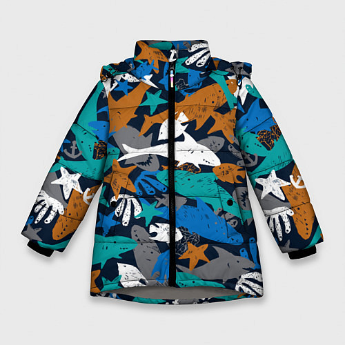 Зимняя куртка для девочки Акула и другие обитатели океана / 3D-Светло-серый – фото 1