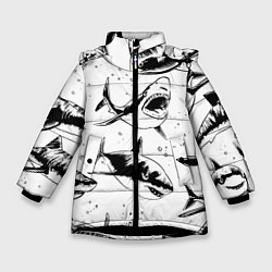 Куртка зимняя для девочки Кровожадные акулы - стая, цвет: 3D-черный