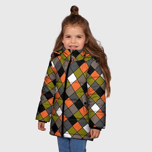 Зимняя куртка для девочки Геометрический узор в коричнево-оливковых тонах / 3D-Светло-серый – фото 3