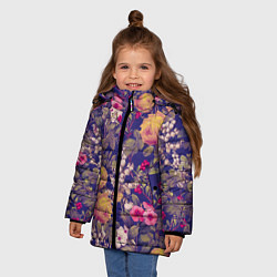 Куртка зимняя для девочки Летний Букет Цветов На Синем Фоне, цвет: 3D-красный — фото 2