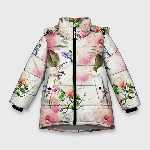 Зимняя куртка для девочки Цветы Нарисованные Магнолии и Разноцветные Птицы / 3D-Светло-серый – фото 1