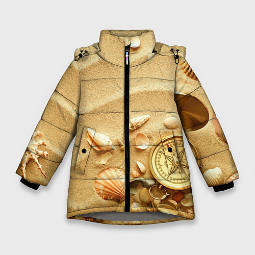 Зимняя куртка для девочки Композиция из ракушек и компаса на песке / 3D-Светло-серый – фото 1
