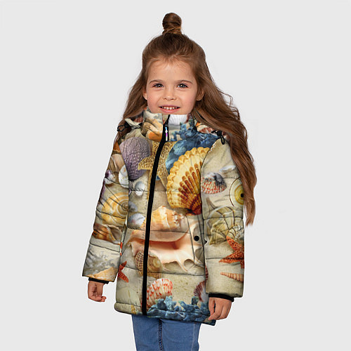 Зимняя куртка для девочки Морские раковины, кораллы, морские звёзды на песке / 3D-Светло-серый – фото 3