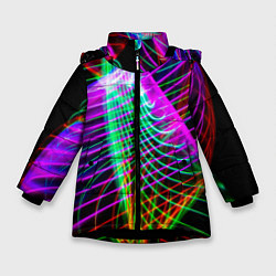 Куртка зимняя для девочки Абстрактное множество неоновых лучей, цвет: 3D-черный
