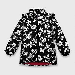 Зимняя куртка для девочки Белые цветы на чёрном фоне Белые цветы на чёрном ф