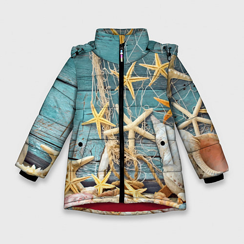 Зимняя куртка для девочки Натюрморт из сети, морских звёзд и ракушек - лето / 3D-Красный – фото 1