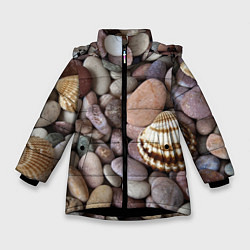 Куртка зимняя для девочки Морские камни и ракушки, цвет: 3D-черный