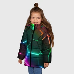 Куртка зимняя для девочки Радужный градиент неоновые геометрические плиты, цвет: 3D-черный — фото 2