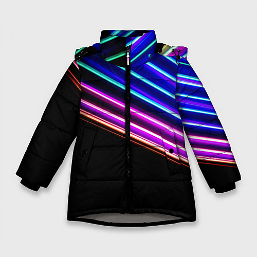 Зимняя куртка для девочки Неоновые полосы на черном / 3D-Светло-серый – фото 1