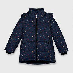 Куртка зимняя для девочки Золотые, красные, синие звезды на темно синем, цвет: 3D-черный