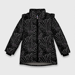Куртка зимняя для девочки Белые контуры тропических листьев на черном, цвет: 3D-светло-серый
