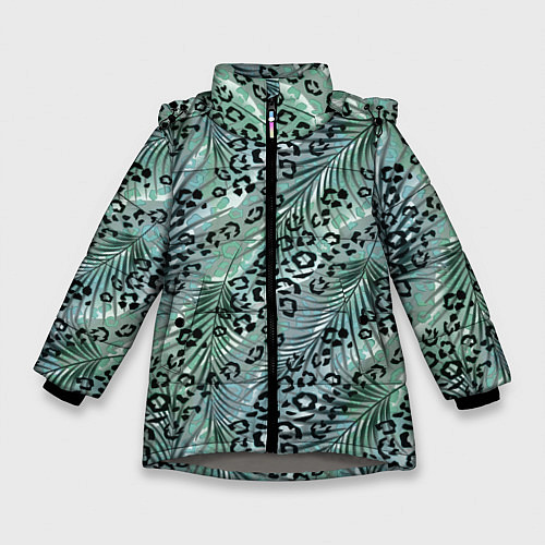 Зимняя куртка для девочки Листья пальмы на леопардовом серо - зеленом фоне / 3D-Светло-серый – фото 1