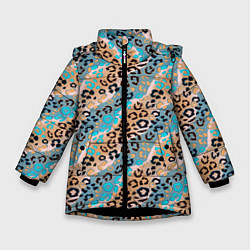 Куртка зимняя для девочки Леопардовый узор на синих, бежевых диагональных по, цвет: 3D-черный