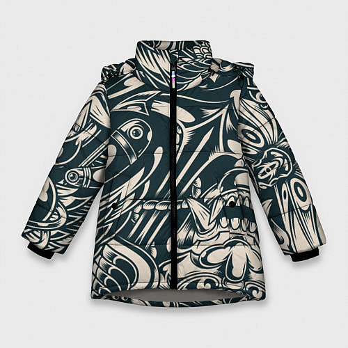 Зимняя куртка для девочки Японская тату текстура / 3D-Светло-серый – фото 1