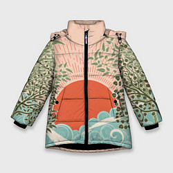 Куртка зимняя для девочки Бурные волны на закате, цвет: 3D-черный