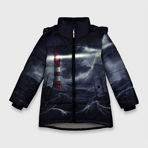 Зимняя куртка для девочки Маяк и штормовое море в ночи / 3D-Светло-серый – фото 1