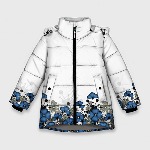Зимняя куртка для девочки Синий цветочный узор -кайма / 3D-Светло-серый – фото 1
