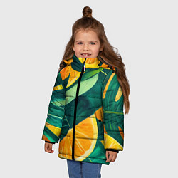 Куртка зимняя для девочки Листья монстеры и дольки апельсинов, цвет: 3D-черный — фото 2