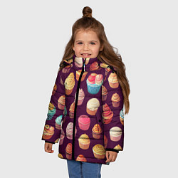 Куртка зимняя для девочки Много нарисованных капкейков, цвет: 3D-черный — фото 2