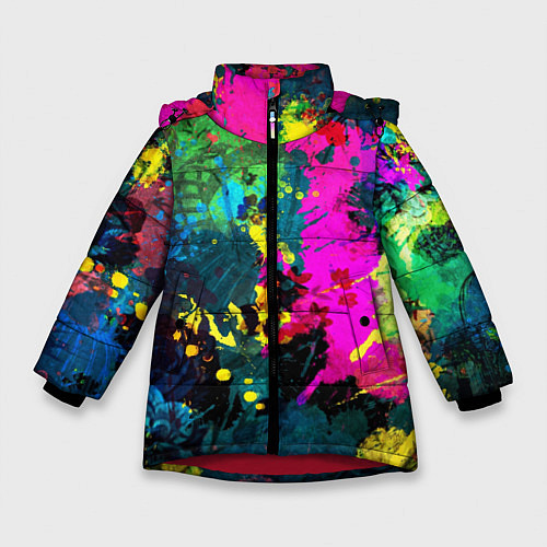 Зимняя куртка для девочки Разноцветные кляксы красов / 3D-Красный – фото 1