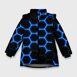 Куртка зимняя для девочки Соты на синем неоновом фоне, цвет: 3D-светло-серый
