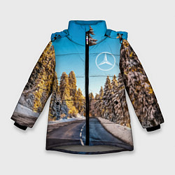 Куртка зимняя для девочки Мерседес - зимняя дорога через лес, цвет: 3D-светло-серый