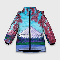 Куртка зимняя для девочки Цветение сакуры Фудзияма, цвет: 3D-черный