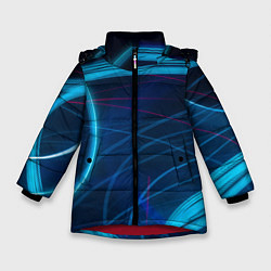 Куртка зимняя для девочки Синие абстрактные линии в темноте, цвет: 3D-красный
