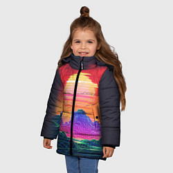 Куртка зимняя для девочки Синтвейв неоновые горы на закате, цвет: 3D-красный — фото 2