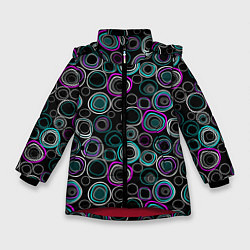 Куртка зимняя для девочки Узор ретро круги и кольца на черном фоне, цвет: 3D-красный