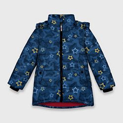 Куртка зимняя для девочки Желтые и синие звезды на синем фоне, цвет: 3D-красный