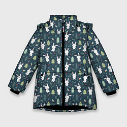 Куртка зимняя для девочки Новогодний паттерн, год кролика, цвет: 3D-черный