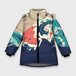 Куртка зимняя для девочки Большая океанская волна и силуэт пустынного остров, цвет: 3D-светло-серый