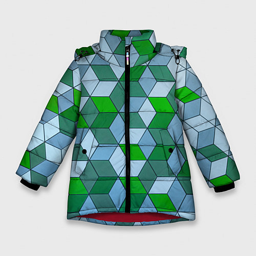 Зимняя куртка для девочки Зелёные и серые абстрактные кубы с оптической иллю / 3D-Красный – фото 1