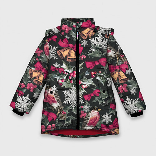 Зимняя куртка для девочки Новый год колокольчики, птицы, снежинки / 3D-Красный – фото 1