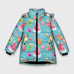 Куртка зимняя для девочки Новогодний коллаж, цвет: 3D-черный
