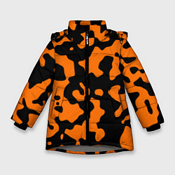 Куртка зимняя для девочки Чёрные абстрактные пятна на оранжевом фоне, цвет: 3D-светло-серый