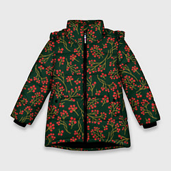 Зимняя куртка для девочки Красные ягоды на темно-зеленом фоне