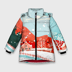 Куртка зимняя для девочки Зимние новогодние горы, цвет: 3D-красный