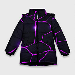 Куртка зимняя для девочки Фиолетовые неоновые трещины, цвет: 3D-черный