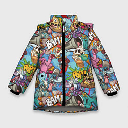 Куртка зимняя для девочки Сумасшедший поп-арт, цвет: 3D-светло-серый