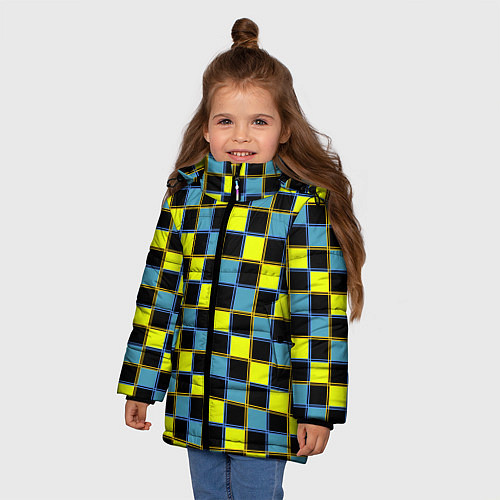 Зимняя куртка для девочки Желто-синий клетчатый яркий неоновый узор / 3D-Светло-серый – фото 3