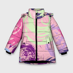 Куртка зимняя для девочки Розовый фон и разноцветные круги, цвет: 3D-черный