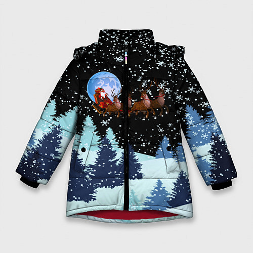 Зимняя куртка для девочки Санта на оленях в ночном небе / 3D-Красный – фото 1